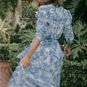 W Elegant Midi Blue China Chinoiserie Floral  Print Dress NWT size 14